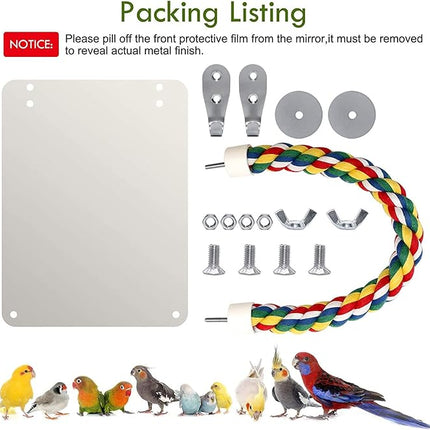 BWOGUE Large Stainless Steel Bird Mirror with Rope Perch Cockatiel Mirror for Cage Bird Toys Swing Parrot Cage Toys for Parakeet Cockatoo Cockatiel Conure Lovebirds Finch Canaries (10.6 Inch)