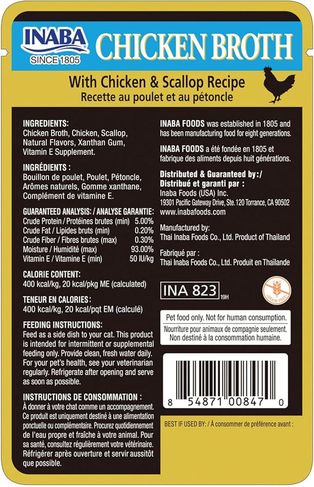 INABA Chicken Broth, Side Dish/Topper for Cats with Vitamin E, 1.76 Ounce Pouch, 8 Pouches Total, Chicken and Scallop Recipe