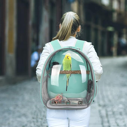 Bird Backpack Carrier with Perch, Portable Bird Travel Cage Bag, Clear Parrot Carrier Cockatiel Cage with Toy Stainless Steel Food Bowl Tray for Conures Parakeet Budgie Canary Lovebirds Small Animals