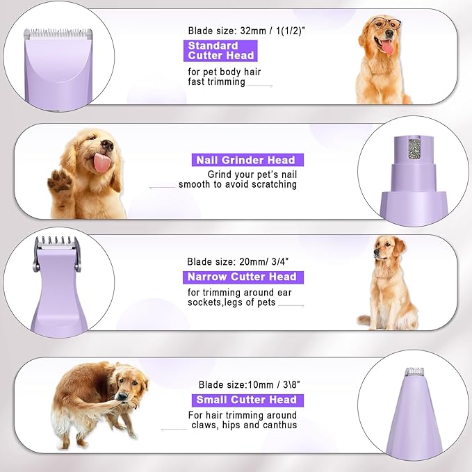 Dog Grooming Clippers Kit-Electric Rechargeable Cat Trimmer Tools-Cordless Quiet Pet Nail Paw Grinder-4 in 1 Multifunctional Low Noise Shaver-Razor for feet Face Ears Toenail Eye