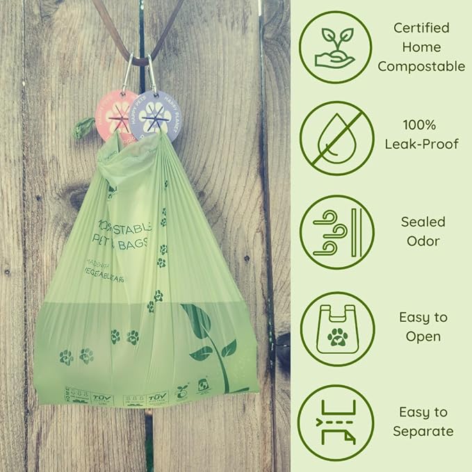 Pet Waste Bag Duo - 240 Standard Sized-Dog Poop Bags (16 rolls) + 100 Extra Large Cat Litter Bag with Handles (1 big roll), Vegetable Starches, Tuv Austria, Leak-Proof, Yard Pickup