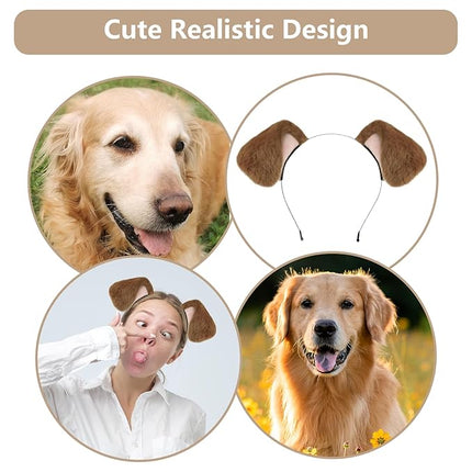 Beviliu Dog Ears Golden Movable, Realistic Animals Ears Headband Brown, Fluffy Cat Bunny Bear Costume Halloween Christmas for Washing Makeup Cosplay Birthday Party