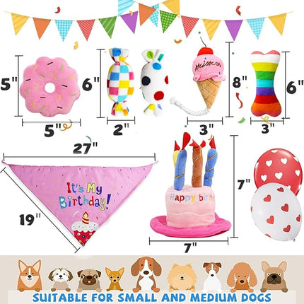 Dog Birthday Toys Girl, Squeaky Plush Birthday Cake Hat Bandana, Birthday Gifts for Small & Medium Dog, 9 Pack Pink