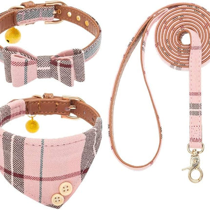 EXPAWLORER Dog Collar and Leash Set - Classic Plaid Dog Bow Tie and Bandana Collar with Bell, Dog Leash Tangle Free, Adjustable Collars for Puppy Small Dogs and Cats, Holiday Ideal Gift, Pink XS