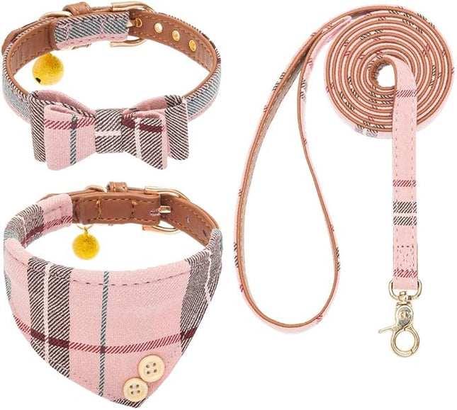 EXPAWLORER Dog Collar and Leash Set - Classic Plaid Dog Bow Tie and Dog Bandana Collar with Bell, Dog Leash Tangle Free, Adjustable Collars for Small Medium Large Dogs Cats, Holiday Ideal Gift