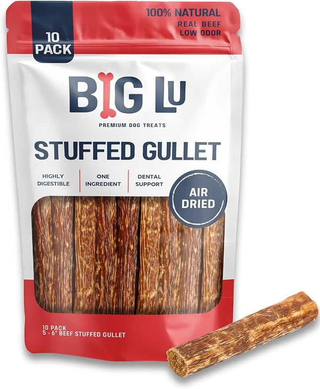 Big Lu - 6-Inch Stuffed Gullet Sticks, 10 Count, Premium Beef Dog Treats, All-Natural, High-Protein, Easily Digestible Chews for Dogs, Supports Dental Health and Joint Mobility