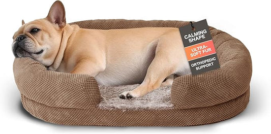 Anti-Anxiety Dog Bed for Medium Dogs, Cozy Round Egg Crate Foam Sofa with Washable Removable Cover & Bolstered Sides, Comfortable Pet Chair or Crate Bed,Camel (35")