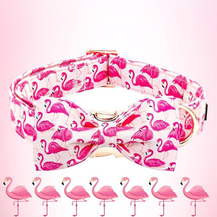 Elegant little tail Dog Collar, Pink Flamingos Dog Collar with Bow Girl Cotton Bowtie Spring Pet Collars Gift Adjustable Pet Collars for Large Dogs