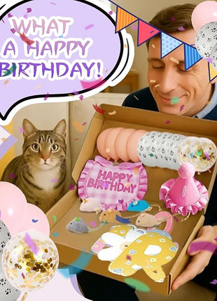 Cat Birthday Supplies,Outfit Bandana,Party Hat with Number,Catnip Mice Toy,Decoration Bundle with Banner,Ballons,Gift Set for Boy&Girl Kitten-Blue