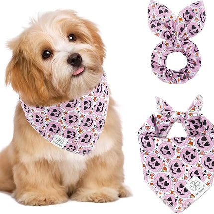 E-Clover Halloween Dog Bandanas & Matching Scrunchie Set Girl Cute Pink Pumpkin Dog Scarf Bibs Pet Bandana with Bow Tie for Small Dogs Puppy Owner Mom