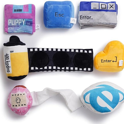Nocciola Funny Squeaky Dog Toys, Old Tech Themed Stuffed Plush Puppy Toy Set with Hidden Treat Pockets, Cute Crinkle Chew Toys for Small Medium Large Breed, Boy Dog Birthday Gifts, 7 Packs