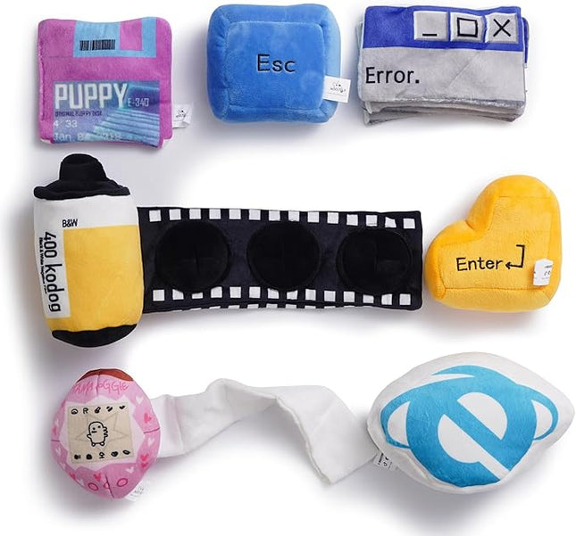 Nocciola Funny Squeaky Dog Toys, Old Tech Themed Stuffed Plush Puppy Toy Set with Hidden Treat Pockets, Cute Crinkle Chew Toys for Small Medium Large Breed, Boy Dog Birthday Gifts, 7 Packs