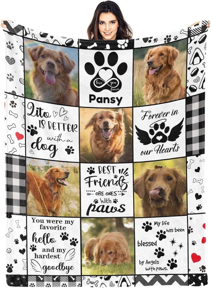 Artsadd Custom Dog Photo Memorial Blanket Personalized Pet Memorial Gifts for Dogs Loss of Pet Sympathy Gift Bereavement Remembrance Passing Away Gifts, Picture Blanket
