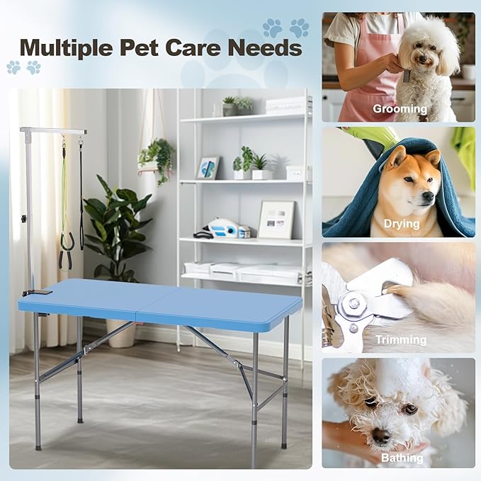 ynhurenth 49'' Pet Grooming Table for Large Dogs, Foldable Professional Grooming Table for Dogs at Home with Double Loops/Adjustable Arm, Capacity up to 330lbs, Blue