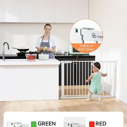 COMOMY 30" Tall Baby Gate for Stairs Doorways, Fits Openings 29.5" to 46" Wide, Auto Close Extra Wide Dog Gate for House, Pressure Mounted Easy Walk Through Pet Gate with Door, White