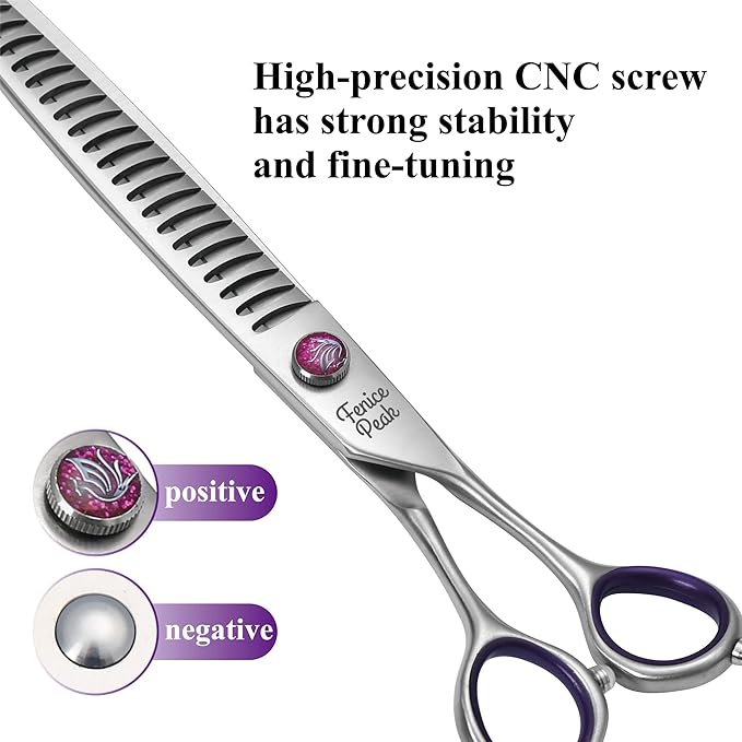 Fenice Peak 7'' Chunker Dog Grooming Scissors with Purple Finger Rings and Flashing Screw Professional 440C Stainless Steel Natural Color Pet Thinning Shears with Offset Handle Durable and Sharp