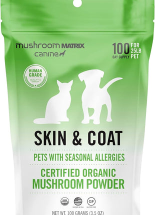 Om Mushroom Matrix Pet - Canine | Skin & Coat | USA Grown Human-Grade Organic Mushroom Powder Pet Supplement | Seasonal Allergy Skin & Coat Support for Dogs & Cats | 100 Grams, 3.5 oz