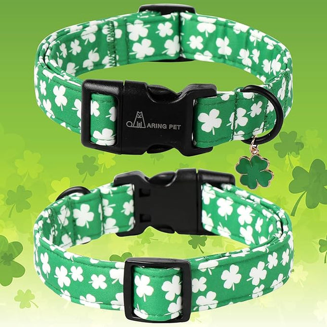 ARING PET St Patrick's Day Dog Collar-Cute Green Clovers Dog Collars, Adjustable Shamrock Pet Collars Trefoil Puppy Collar with Quick Release Buckle for Girl&Boy Dogs