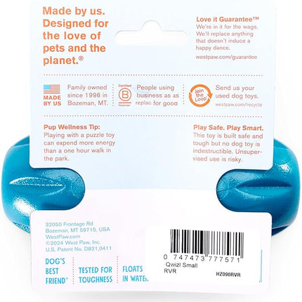West Paw Qwizl Treat Dispensing Dog Toy for Tough Chewers- Durable Long Lasting Chew and Fetch Toy Keeps Dogs Engaged- Dishwasher Safe Safe Materials Made in USA - River Blue, Small