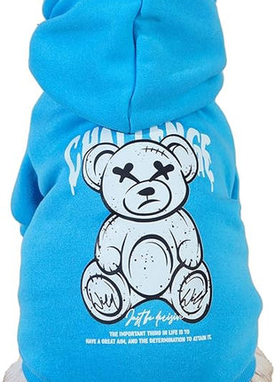 QWINEE Cartoon Bear Print Dog Hoodie Dog Sweatshirt Cat Shirt Apparel Winter Warm Dog Clothes for Puppy Kitten Cat Small Medium Dogs Blue XL