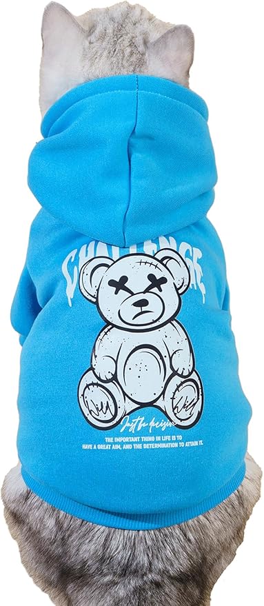 QWINEE Cartoon Bear Print Dog Hoodie Dog Sweatshirt Cat Shirt Apparel Winter Warm Dog Clothes for Puppy Kitten Cat Small Medium Dogs Blue XL