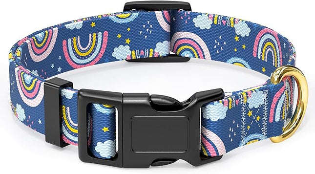 Rnivvi Dog Collar for Small Dogs, Cute Heavy Duty Adjustable Puppy Collar with Quick Release Buckle for Girl & Female, Pet Accessories for Walking Running, XS Length 5/8" Width, Blue Rainbow