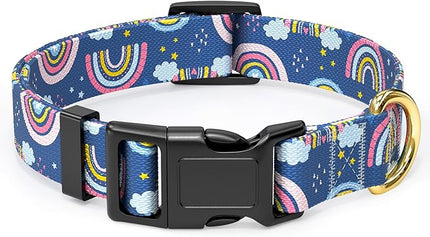 Rnivvi Dog Collar for Small Dogs, Cute Heavy Duty Adjustable Puppy Collar with Quick Release Buckle for Girl & Female, Pet Accessories for Walking Running, S Length 3/4" Width, Blue Rainbow