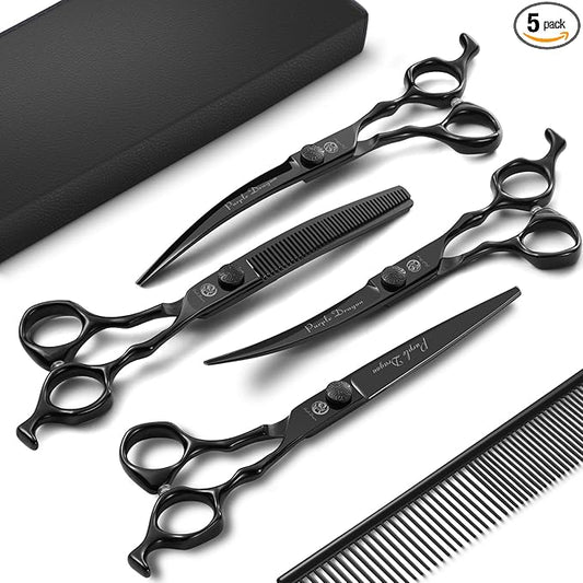 Purple Dragon Dog Grooming Scissors Set - Curved Thinning, Straight, Up & Down Curved Scissors and Comb, 7 Inch Black Shears with Adjustable Screw for Dogs and Cats