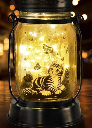 Cat Gifts Cat Solar Lanterns Cat Solar Lights Outdoor Cat Lover Gifts for Women Men Cat Lovers Gifts Hanging Cat Lanterns with Stake for Yard Lawn Garden Decor Waterproof Cat Butterfly Lantern Torches
