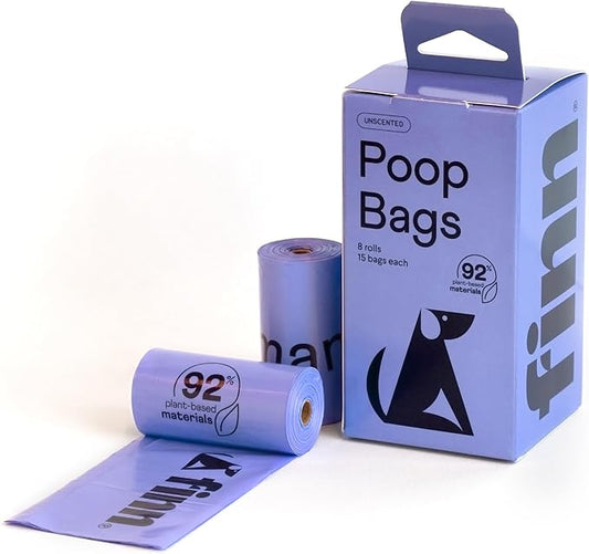 Finn 92% Biobased Poop Bags | USDA-Certified BioPreferred Product | Made from 92% Plant-Based Materials / 8% PE | Unscented Dog Waste Bags, Set of 120
