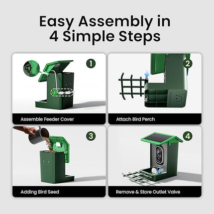 Bird Feeder with Camera Solar Powered 2K HD Video, 10,000+ Species AI Recognition, Real-Time App Alerts, and Weatherproof Design for Effortless Birdwatching, Gift for Bird Lovers, Grass Green