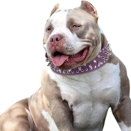 Hoot PU Leather Adjustable Spiked Studded Dog Collar 2" Wide 31 Spikes 52 Studs (S(Neck 17"-20"), Purple)