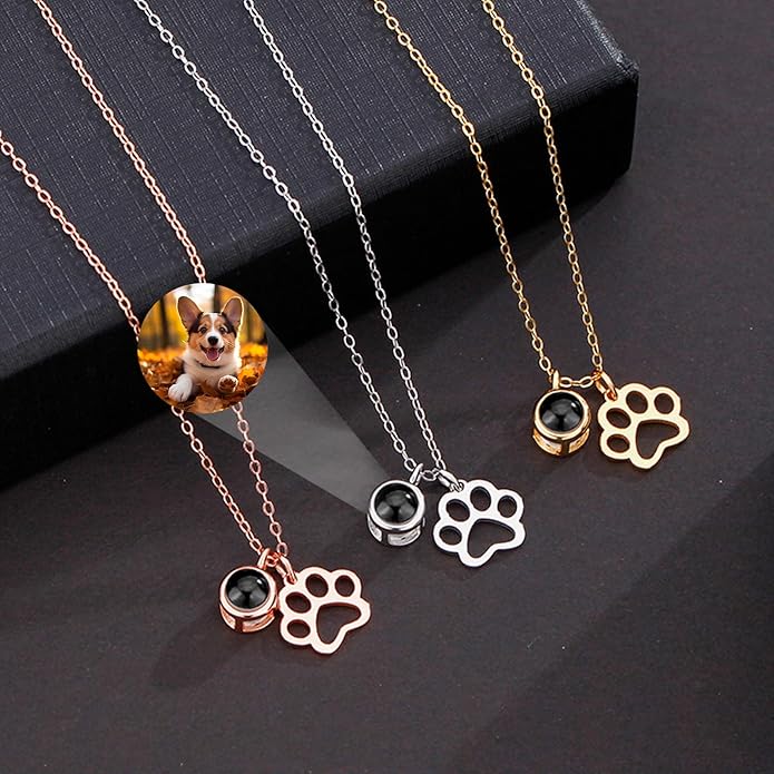 Personalized Picture Necklace with picture inside Custom Projection Necklace Cat/Dog Paw Print Pet Memorial Necklaces for Pet Lovers, Photo Gifts for Anniversary Dog Lovers