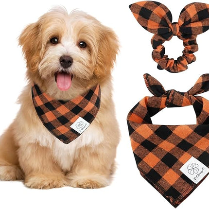 E-Clover Fall Dog Bandana & Matching Scrunchie-Orange Black Dog Bandanas Plaid Pet Scarf Bib for Small Dogs Puppy Girl Boy Owner Gift Orange