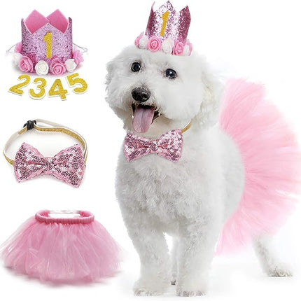 Legendog Dog Tutu Skirt, Birthday Party Supplies - Hat - Bowtie, Cute Pink Outfit for Small Dogs, Girl Dresses