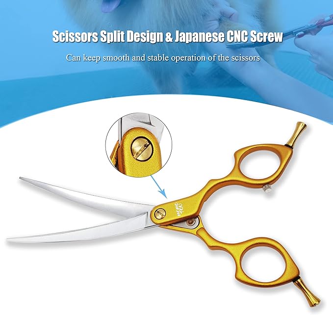 6.5'' Small Curved Dog Grooming Scissors Gold Professional Trimming Shears with Ultra-Lightweight Offset Handle 440C Stainless Steel Pet Scissors for Face and Paws