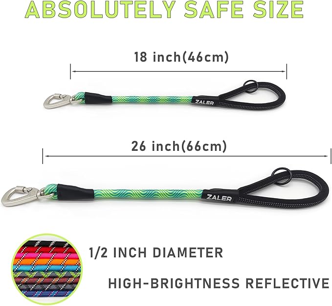 ZALER Short Dog Leash, 18 Inches Rope Traffic Leashes for Dogs, Reflective Dog Lead with O-Ring, Heavy Duty Pet Leash for Large and Medium Dogs (18'' Blue Green)
