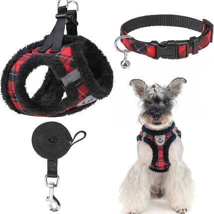 EXPAWLORER Fleece Lined Step-in Dog Harness - Soft Plush Padded Puppy Harness and Leash Set with Adjustable Dog Collar, No Pull Escape Proof Suede Dog Vest Harness for Small Dogs, Red & Black S