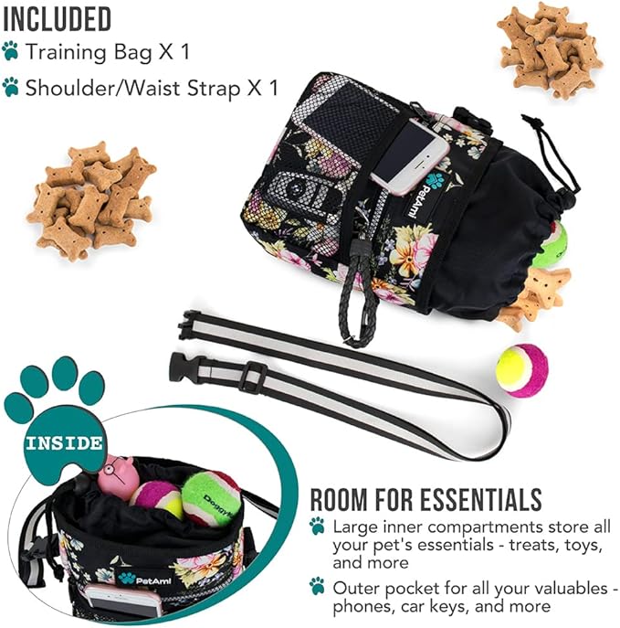 PetAmi Dog Treat Pouch, Pet Treat Pouch for Training, Dog Walking Bag Holder for Kibbles, Pet Food Toy, Dog Trainer Essentials Supplies, Poop Bag Dispenser, 3 Ways to Wear (Floral Black)