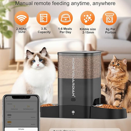 HoneyGuaridan Automatic Cat Feeder for Two Cats, 5G WiFi Smart Feed Pet Feeder with Stainless Steel Bowl,APP Control Dispenser, Dual Power Supply,Desiccant Bag,10s Meal Call Black