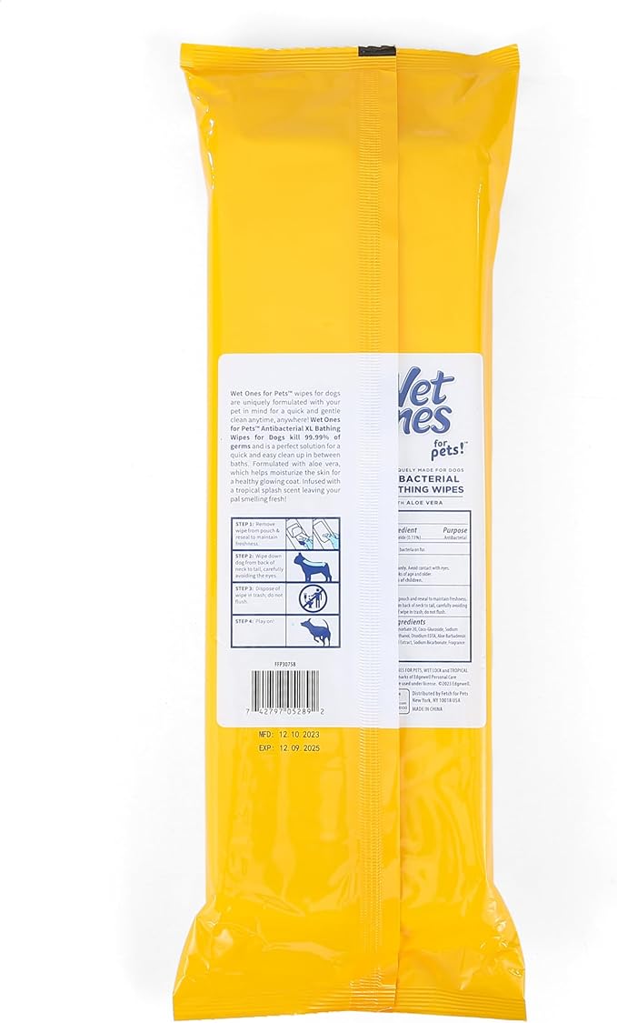Wet Ones for Pets Multipurpose Dog Wipes with Aloe Vera, Tropical Splash Scent - Extra Large Pet Bathing Wipes with Wet Lock Seal for Dog Paws & All Over Use, 10 Count - 3 Pack