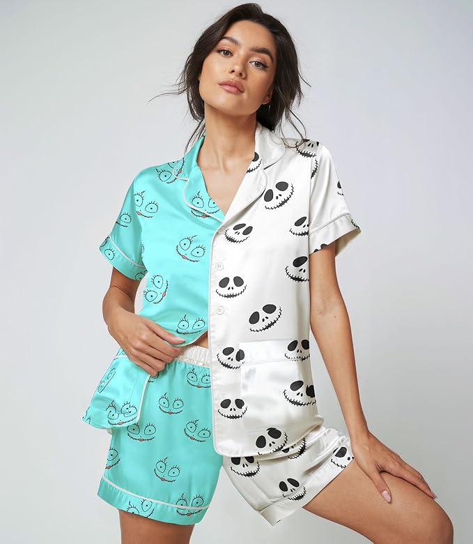 Women’s Silk Satin Pajama Set, Short Sleeve Button Down 2 Piece PJs with Shorts, Cozy Loungewear & Matching Holiday Pajamas