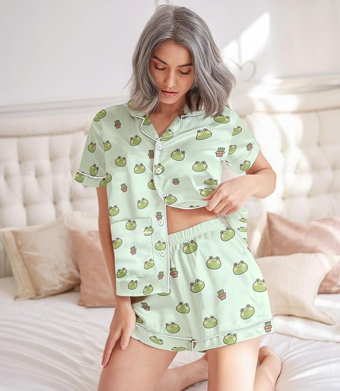 Women’s Silk Satin Pajama Set, Short Sleeve Button Down 2 Piece PJs with Shorts, Cozy Loungewear & Matching Holiday Pajamas