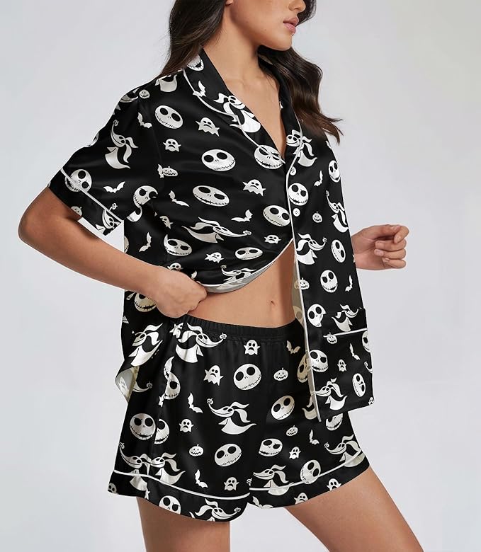 Women’s Silk Satin Pajama Set, Short Sleeve Button Down 2 Piece PJs with Shorts, Cozy Loungewear & Matching Holiday Pajamas