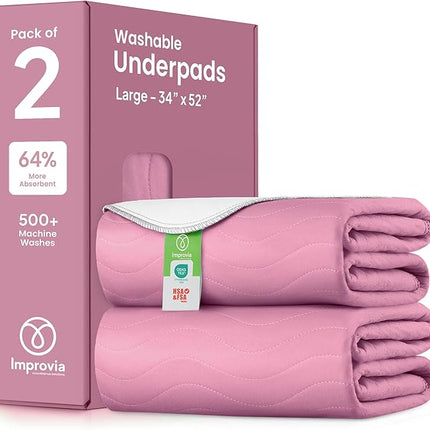 IMPROVIA® Washable Underpads, Heavy Absorbency Reusable Incontinence Pads for Kids, Adults, Elderly, and Pets, Waterproof Protection Floor (Pink and White, 34" x 52" - Pack of 2)