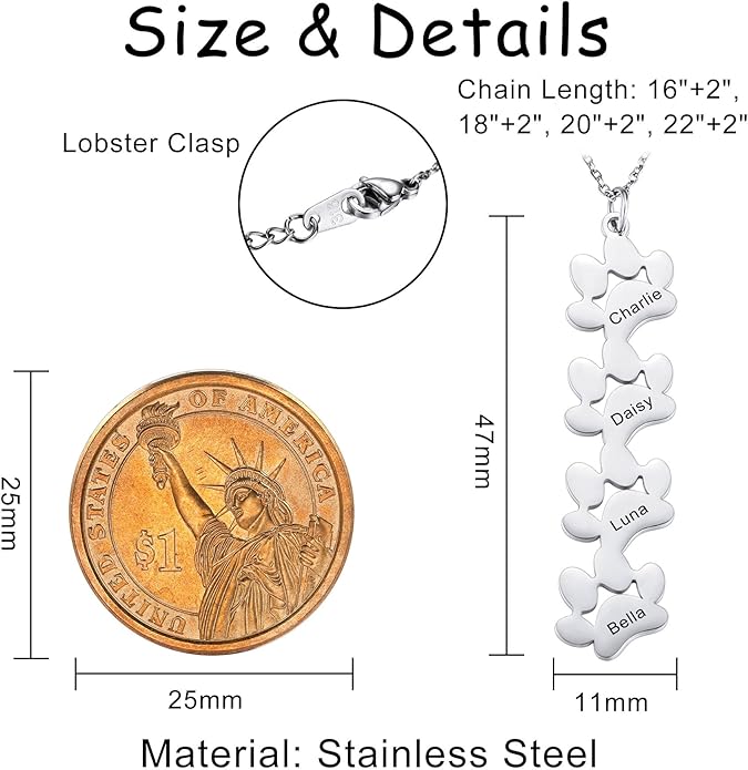 MeMeDIY Personalized Paw Print Necklace for Women Engraved Name Dog Paw Necklace Stainless Steel/925 Sterling Silver Paw Necklace Pet Memorial Necklace 1-4 Cat Paw Print Necklace