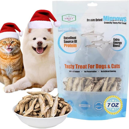 Amzey 7oz Minnows Dog Treats - Freeze Dried Minnows Cat Treats - High Protein & Premium Quality Training Treats - Bulk Package (1.6" to 2.8" Length Each)