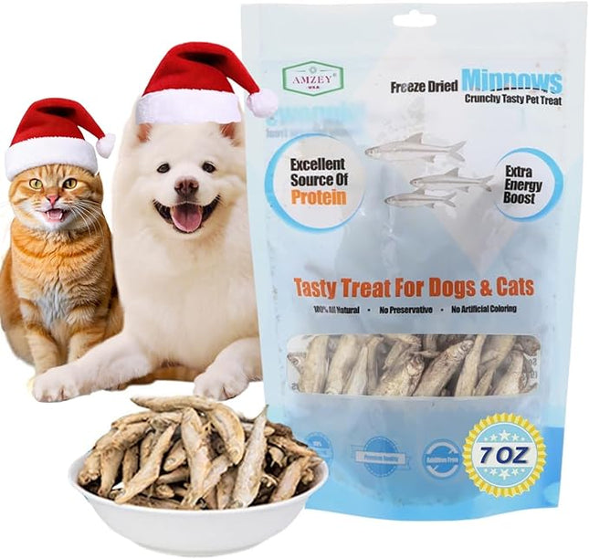 Amzey 7oz Minnows Dog Treats - Freeze Dried Minnows Cat Treats - High Protein & Premium Quality Training Treats - Bulk Package (1.6" to 2.8" Length Each)