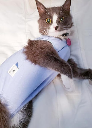 Cat Recovery Suit for Male and Female Surgical Post Surgery Soft Cone Onesie Shirt Clothes Neuter Licking Protective Diapers Outfit Cover Kitten Spay Collar(M, Blue)