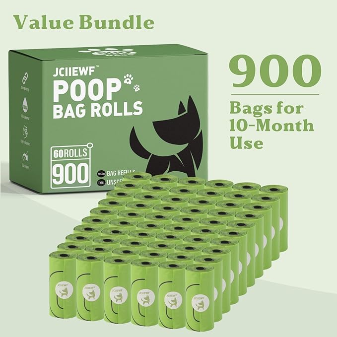 900 Count 13” x 9” Dog Poop Bags Rolls | Leakproof, Extra Thick & Tear-Resistant Waste Bags for Doggie, Cats & Pets | Unscented, Sturdy & Durable Pet Cleanup Bags for On-The-Go Use